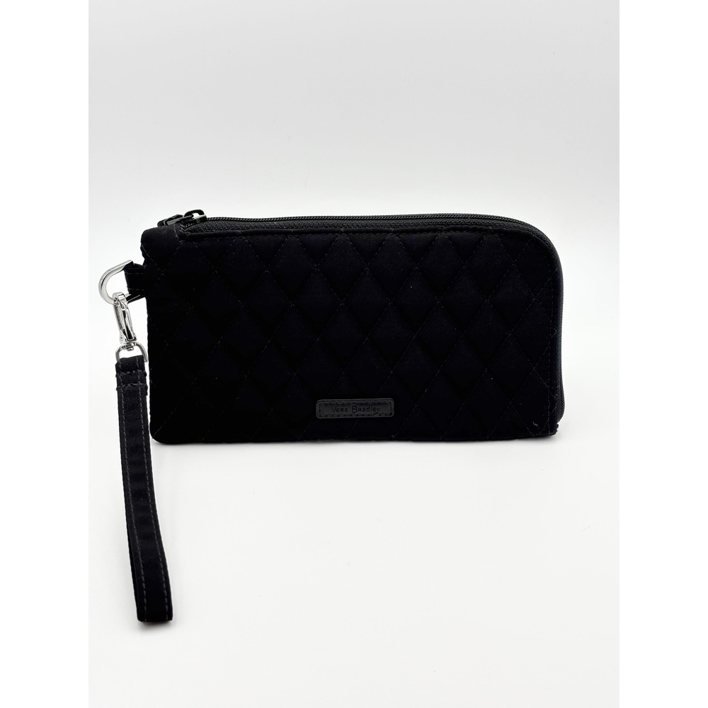 Vera Bradley Black Quilted Cotton Wristlet Wallet Rose Floral Lining ID Window